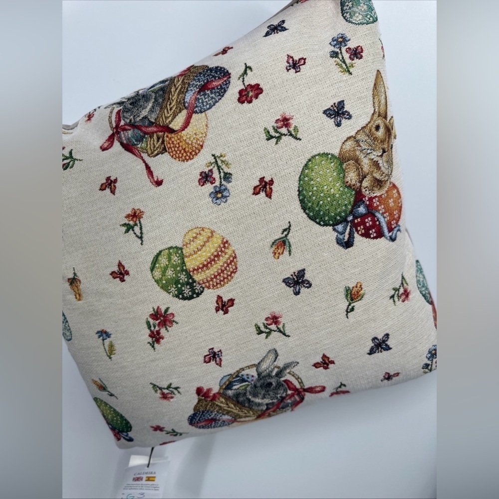 Caldeira Embroidered Bunny Tapestry Throw Pillow Cushion Easter Eggs Down Fill